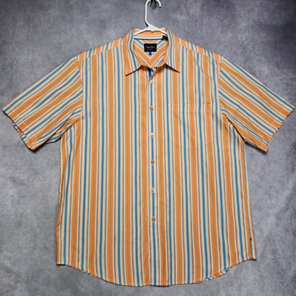 Indigo Palms Mens XL Orange Blue Stripe Short Sleeve Button Up Shirt